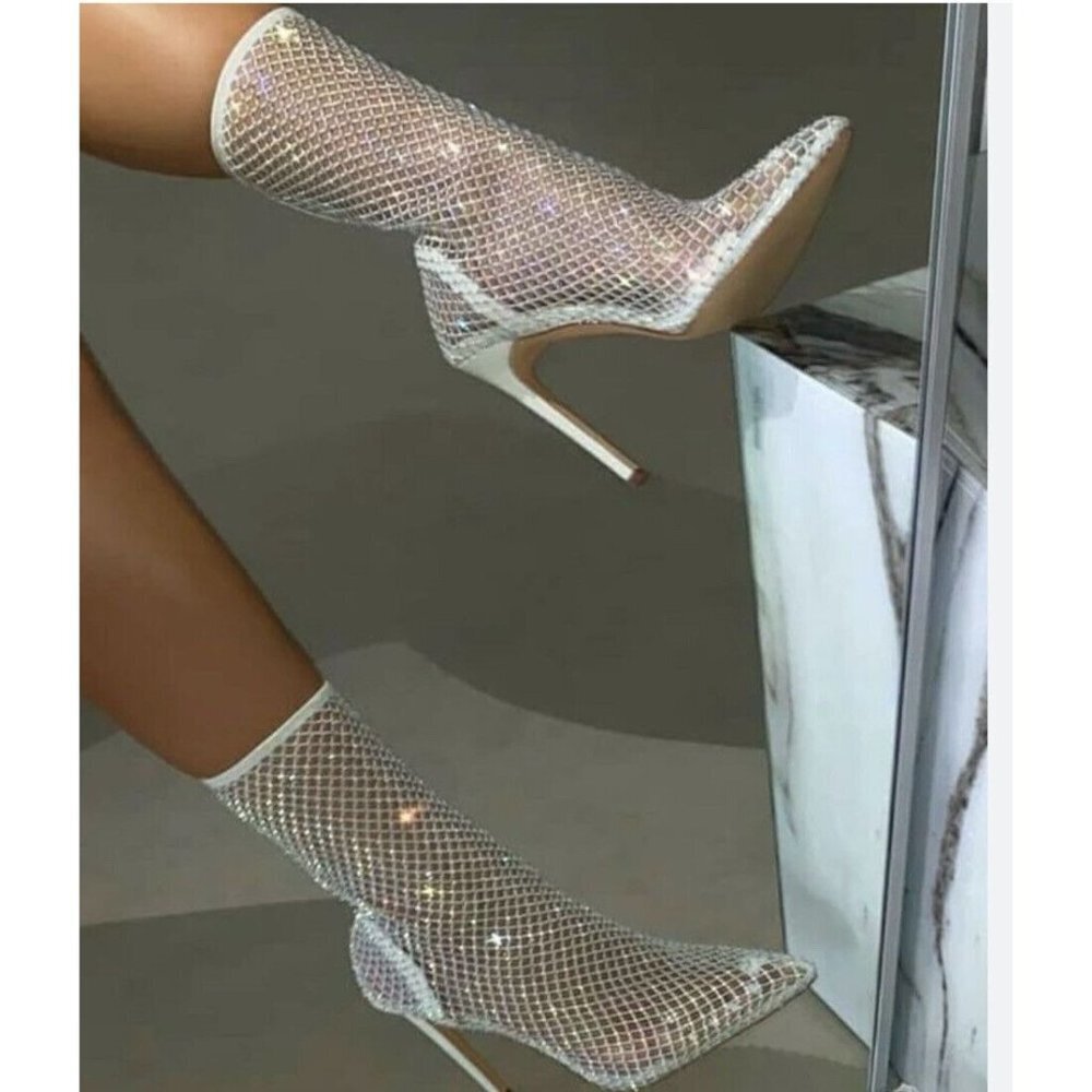 Crystal Mesh Stiletto Sock Boots - White